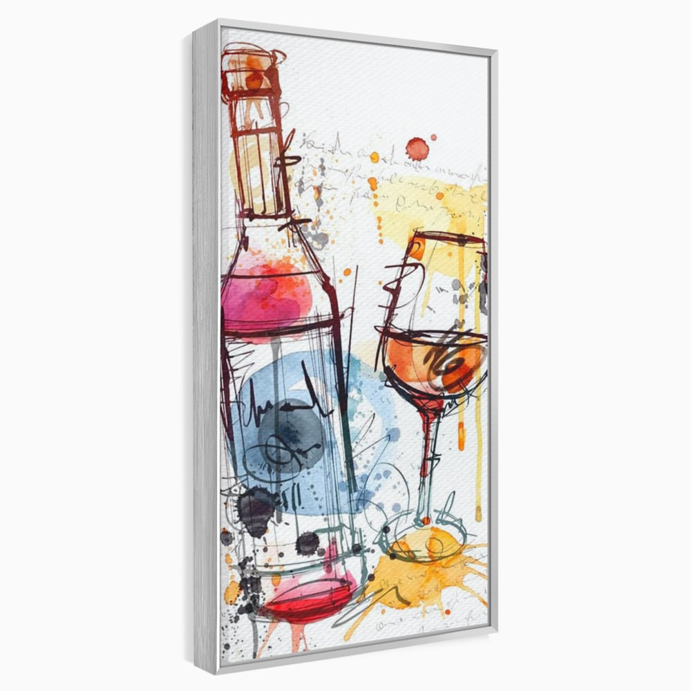 Tablou canvas cu tablou canvas cu sticla si pahar de vin, in rama de aluminiu argintiu